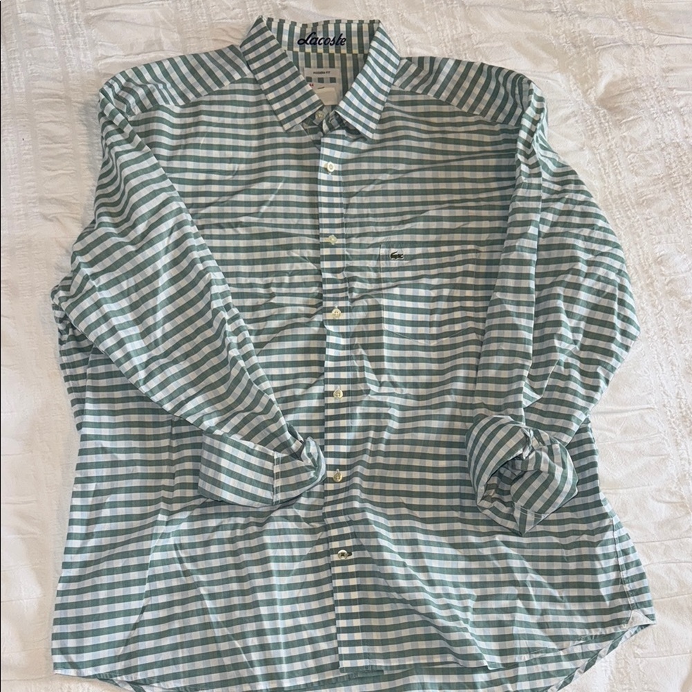 Lacoste Green and White Casual Button Down Shirt